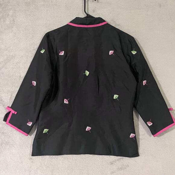 Silk Land Embroidered Silk Jacket Black Pink Parasol Design Womens Sz 4 - Picture 8 of 12